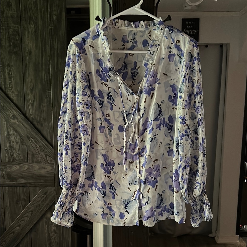 Cream Ruffled Long Sleeve Blouse with Tie Front